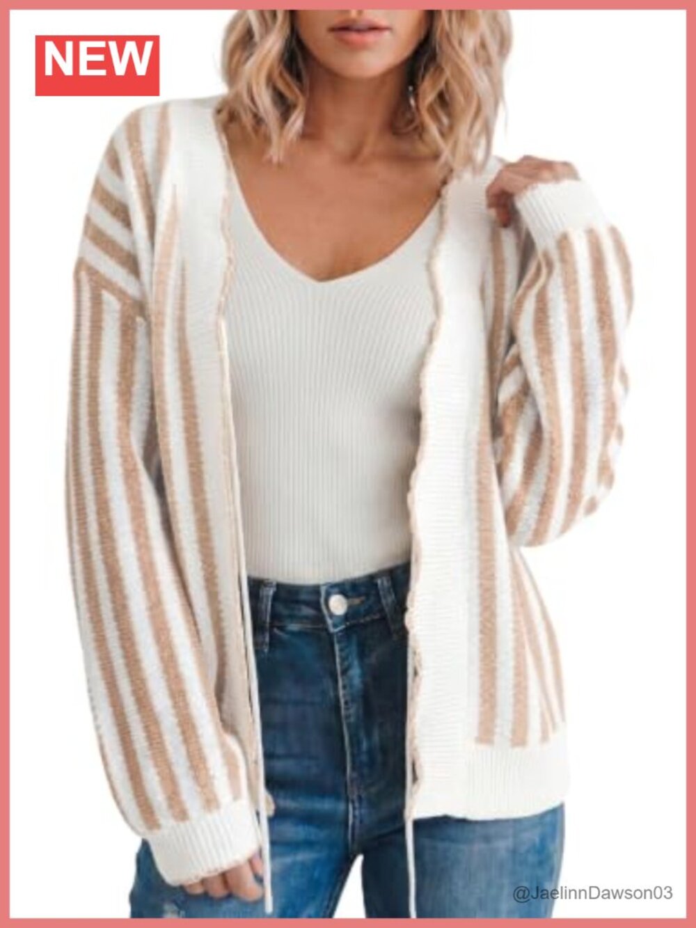 Wavy Raw Edge Striped Knit Cardigan Oversized Puff Sleeve Open Front Sweater